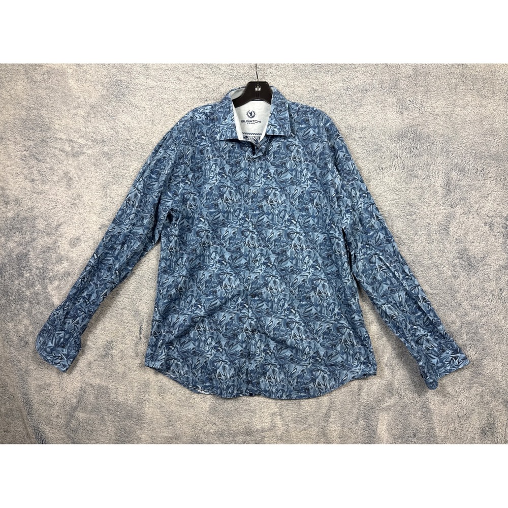 Bugatchi Mens XL Blue Geometric Abstract Long Sleeve Button Down Shaped Shirt